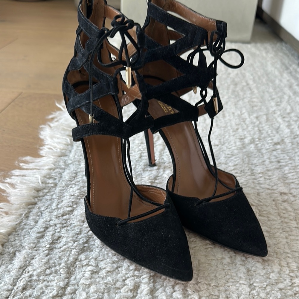 Aquazzura Black Suede Lace up Pumps